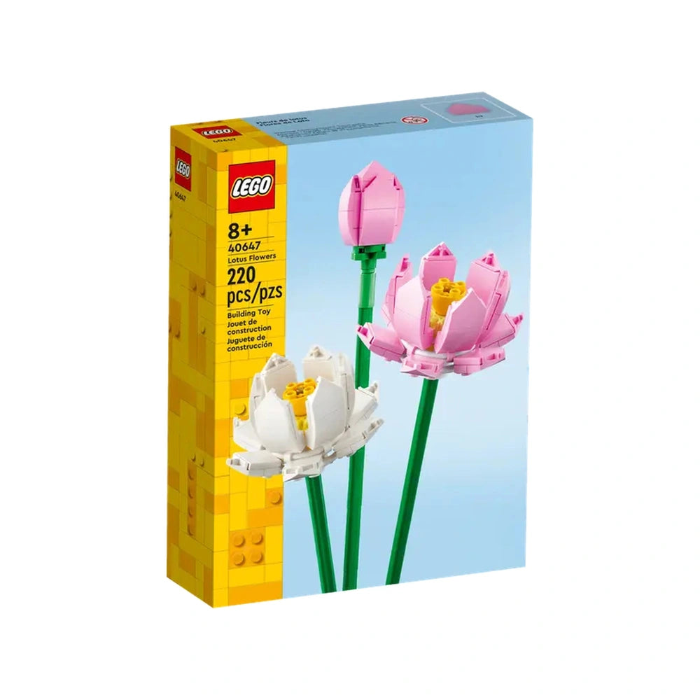 LEGO Creator Lotus Flowers (40647) construction set box showcasing three colorful flowers: two pink and one white, with green stems, against a light blue background.