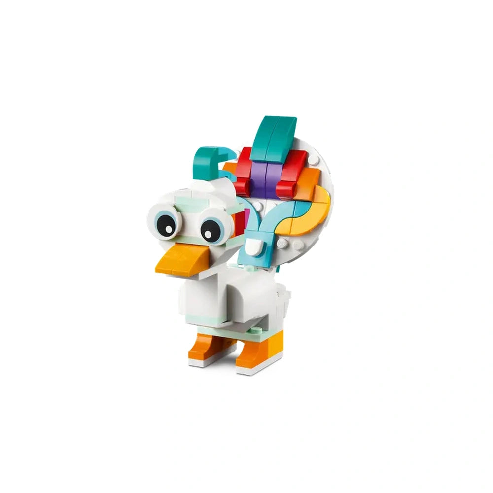 Colorful LEGO duck designed with big eyes, an orange beak, and a vibrant feathered back in shades of teal, orange, and purple.