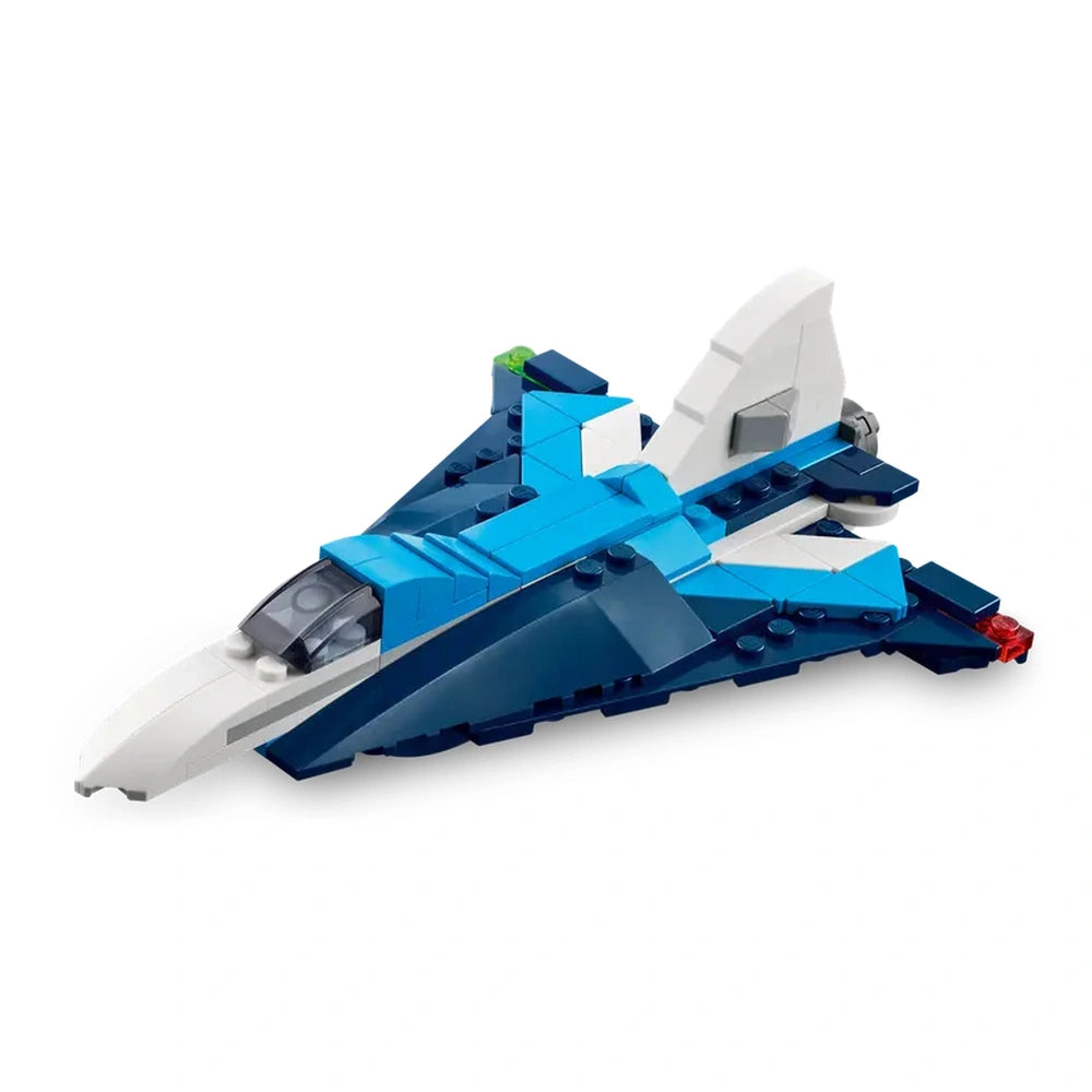 Sleek blue and white LEGO® race plane model featuring a detailed cockpit, moving wheels, and a sharp nose, angled for display.