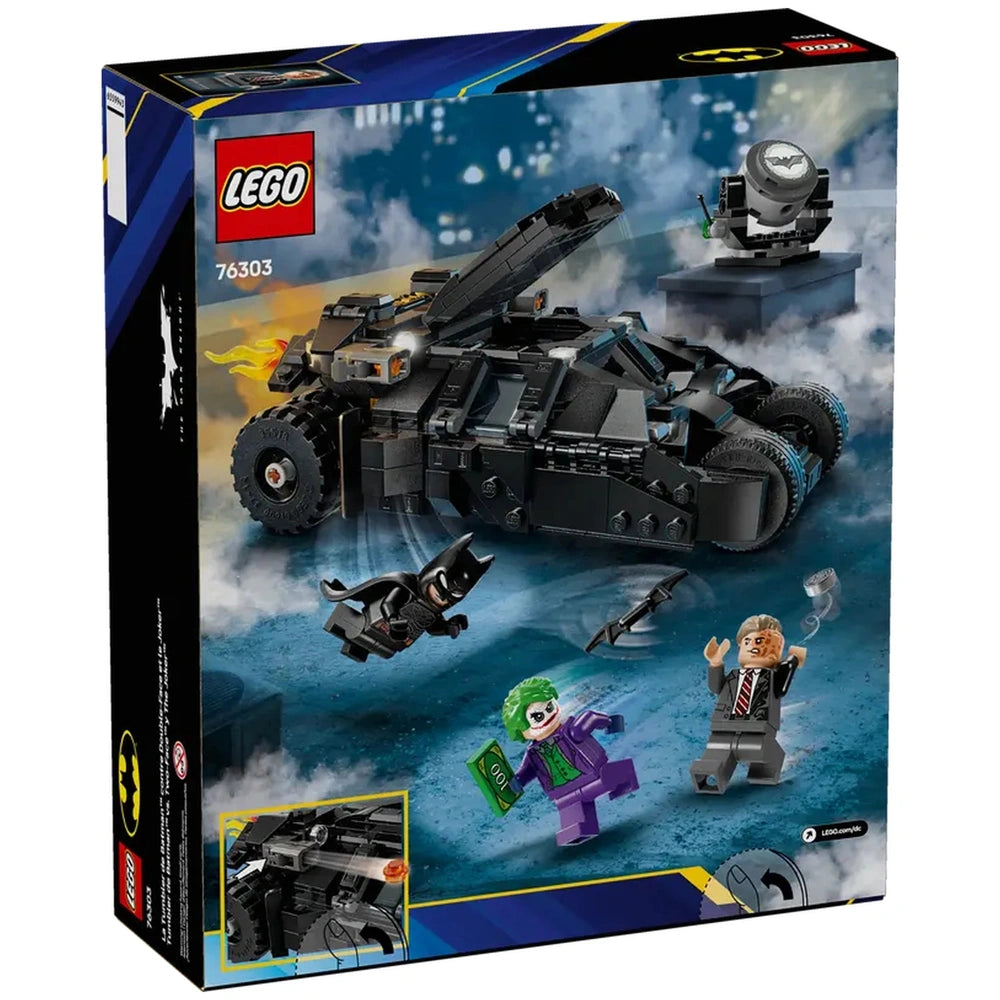LEGO Batman Tumbler construction set with Two-Face and The Joker minifigures, set against a Gotham City backdrop with dramatic clouds.