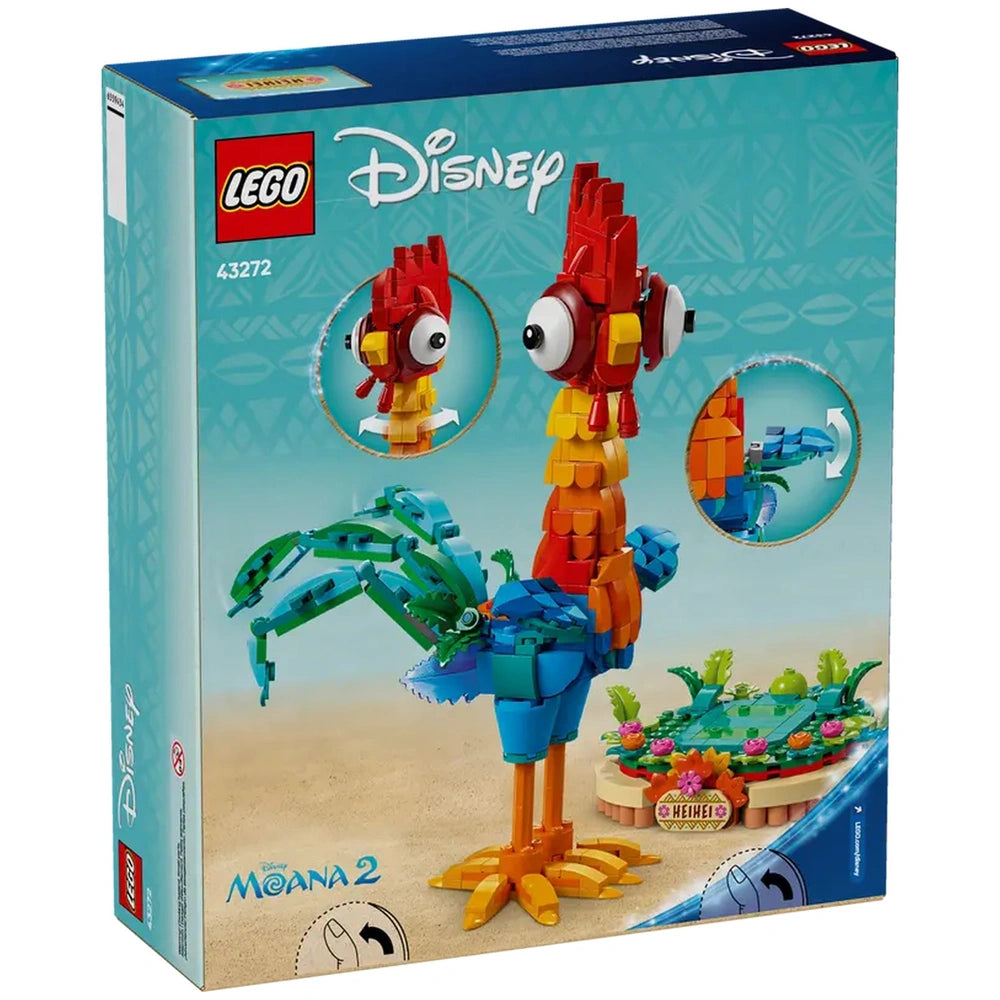 Colorful LEGO® construction set featuring Heihei, Moana's chicken companion, with posable features and a decorative display stand.