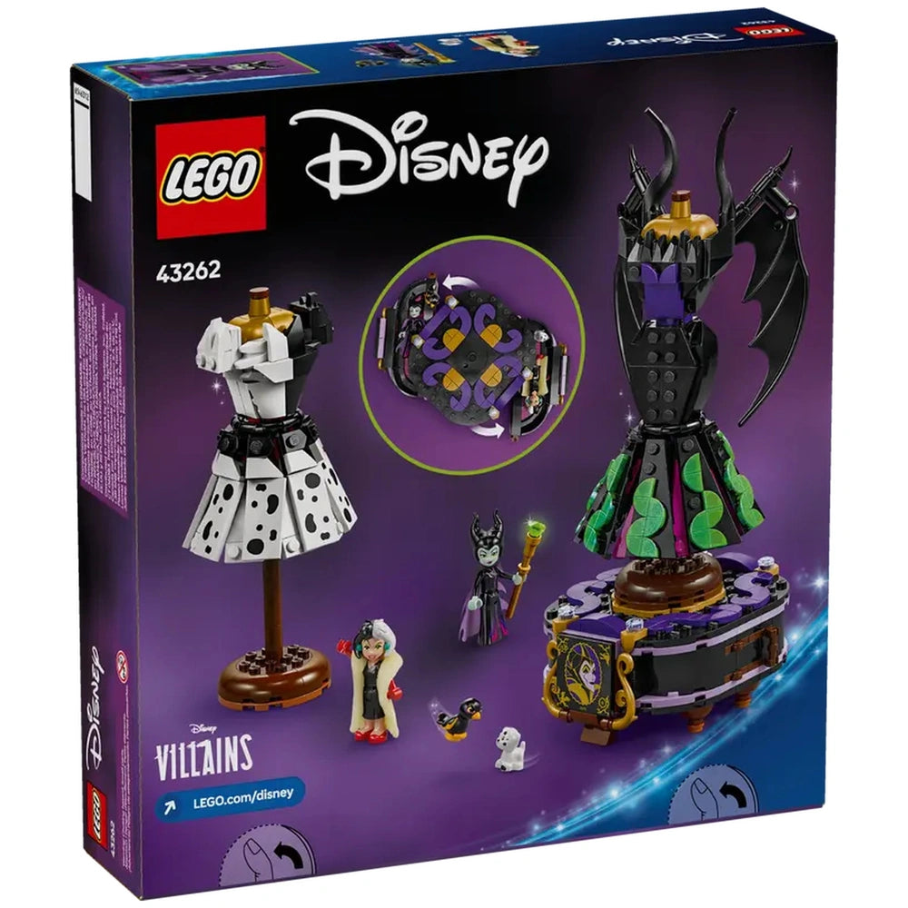 LEGO Disney Maleficent's and Cruella De Vil's Dresses set displayed in a colorful box. Features two buildable dresses, dress stands, and minidolls in dynamic poses, showcasing iconic villain styles against a vibrant background.