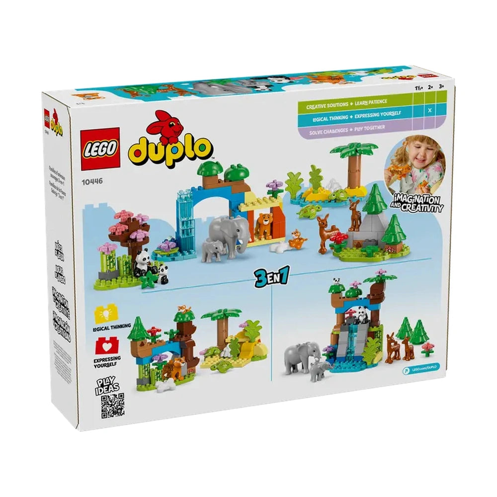 Colorful LEGO® DUPLO® 3in1 Wild Animal Families construction set showing a vibrant savannah scene with various animal figures, including elephants, lions, and a panda, alongside trees and a waterfall, designed for preschoolers' imaginative play.