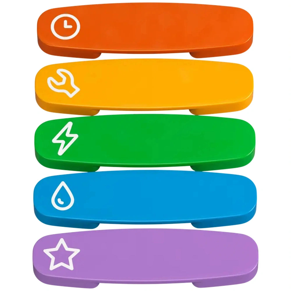 Five colorful, smooth, rectangular building blocks stacked vertically, each with a unique icon: a clock, a wrench, a lightning bolt, a water drop, and a star, designed for educational play.