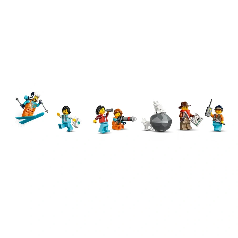 Six LEGO figures in Arctic attire engage in exploration. A skier is racing on snow, while another uses binoculars. A figure with a camera captures the scene, beside a character with a telescope. A small white dog sits on a rock between two adventurers, one holding a map and the other a walkie-talkie. The colorful figures are set against a plain white background.