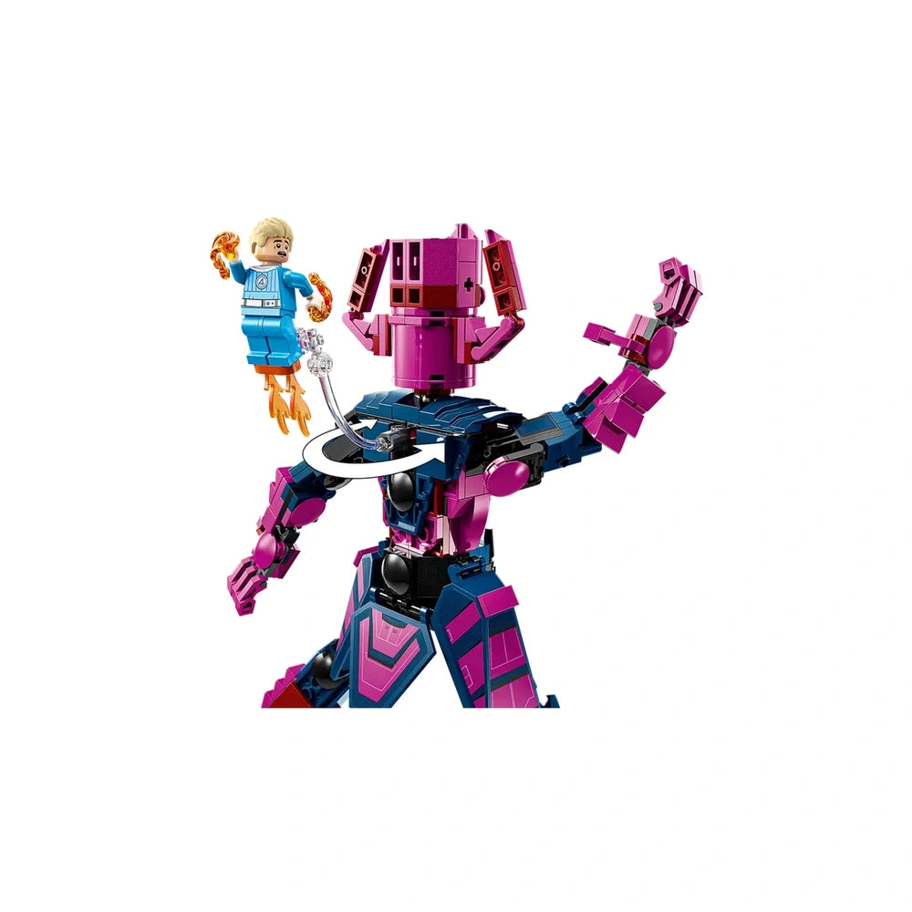 LEGO Fantastic Four construction set featuring Galactus in pink and blue colors, with Human Torch in mid-air, showcasing fiery hand elements.