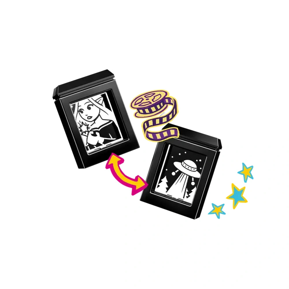 Two black movie slide frames featuring a character with a wand and a UFO scene, connected by colorful arrows and film reel graphics.