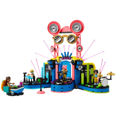 LEGO Friends Heartlake City Music Talent Show set featuring a colorful music stage with instruments, mini-dolls performing, and vibrant accessories.