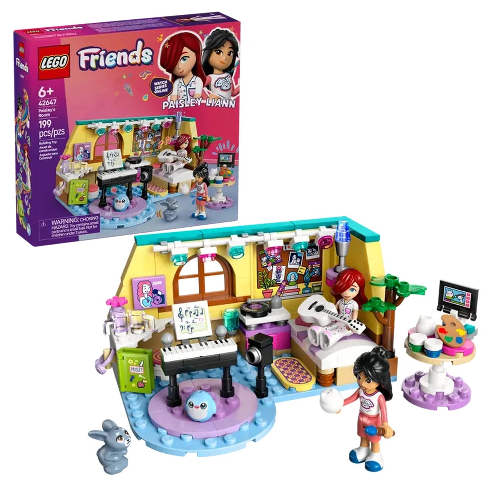 LEGO Friends Paisley’s Room construction set features vibrant colors, a piano, art supplies, and two minidolls engaging in creative play.