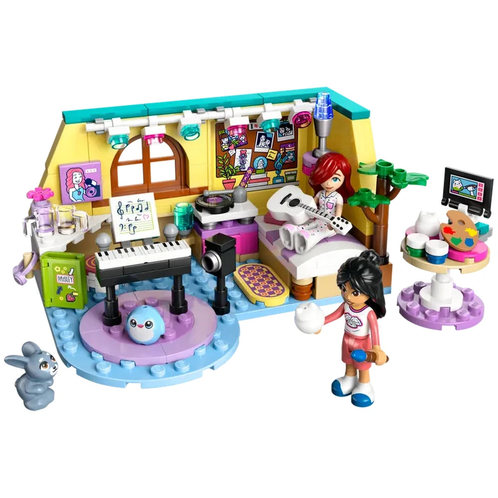 LEGO Friends Paisley’s Room construction set featuring two minidolls, vibrant decor, a keyboard, and a pet bunny, inviting creative play.