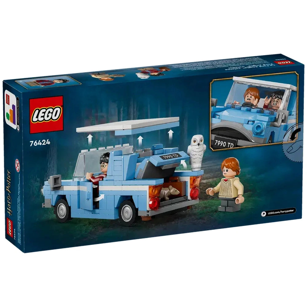 LEGO Harry Potter Flying Ford Anglia construction set featuring a blue car with open doors, inside are minifigures of Harry and Ron, and Hedwig the owl.