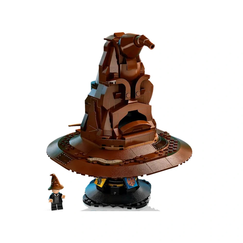 LEGO Harry Potter Talking Sorting Hat construction set, featuring a detailed brown Sorting Hat model with a display stand, alongside a minifigure wearing a small hat.