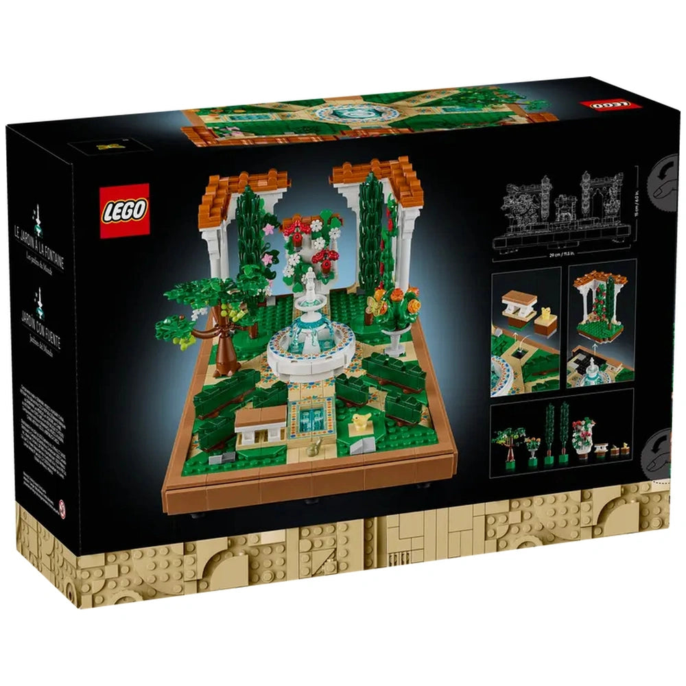 LEGO Icons Fountain Garden construction set featuring a tiered fountain, colorful flowers, and decorative pathways in a lush landscape.