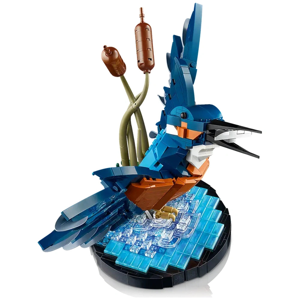 Colorful LEGO® Kingfisher Bird construction set, perched on an intricate blue water base with reeds, showcasing vibrant plumage and detailed features.