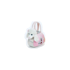 Lelly 17 cm plush dog toy features a fluffy white body, pink collar, large eyes, and a cute, friendly design.