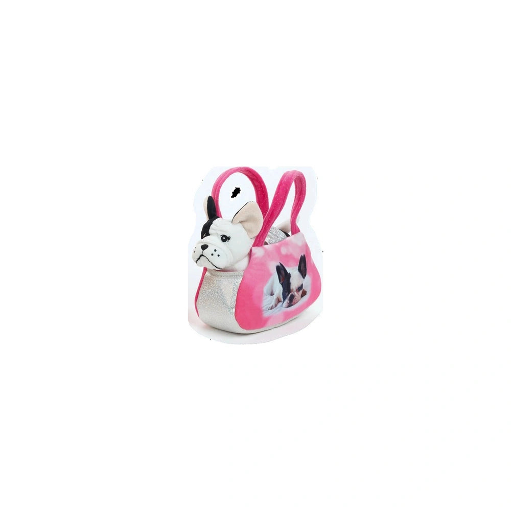 Lelly 17 cm pet plush features a glossy pink dog design with ears and a pink handle against a light background.