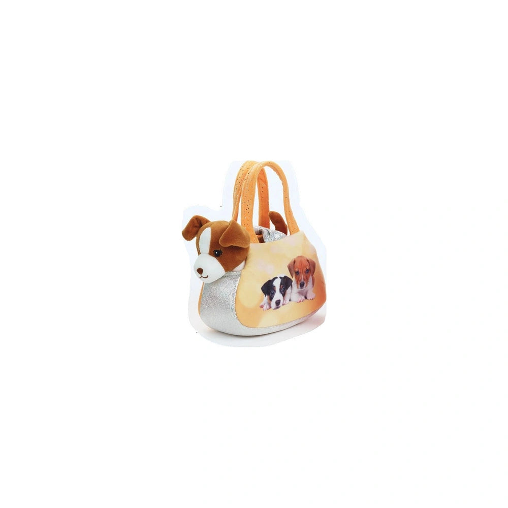Lelly 17 cm plush dog toy in a silver outfit, featuring a smiling face and soft brown and white fur against a light backgroun