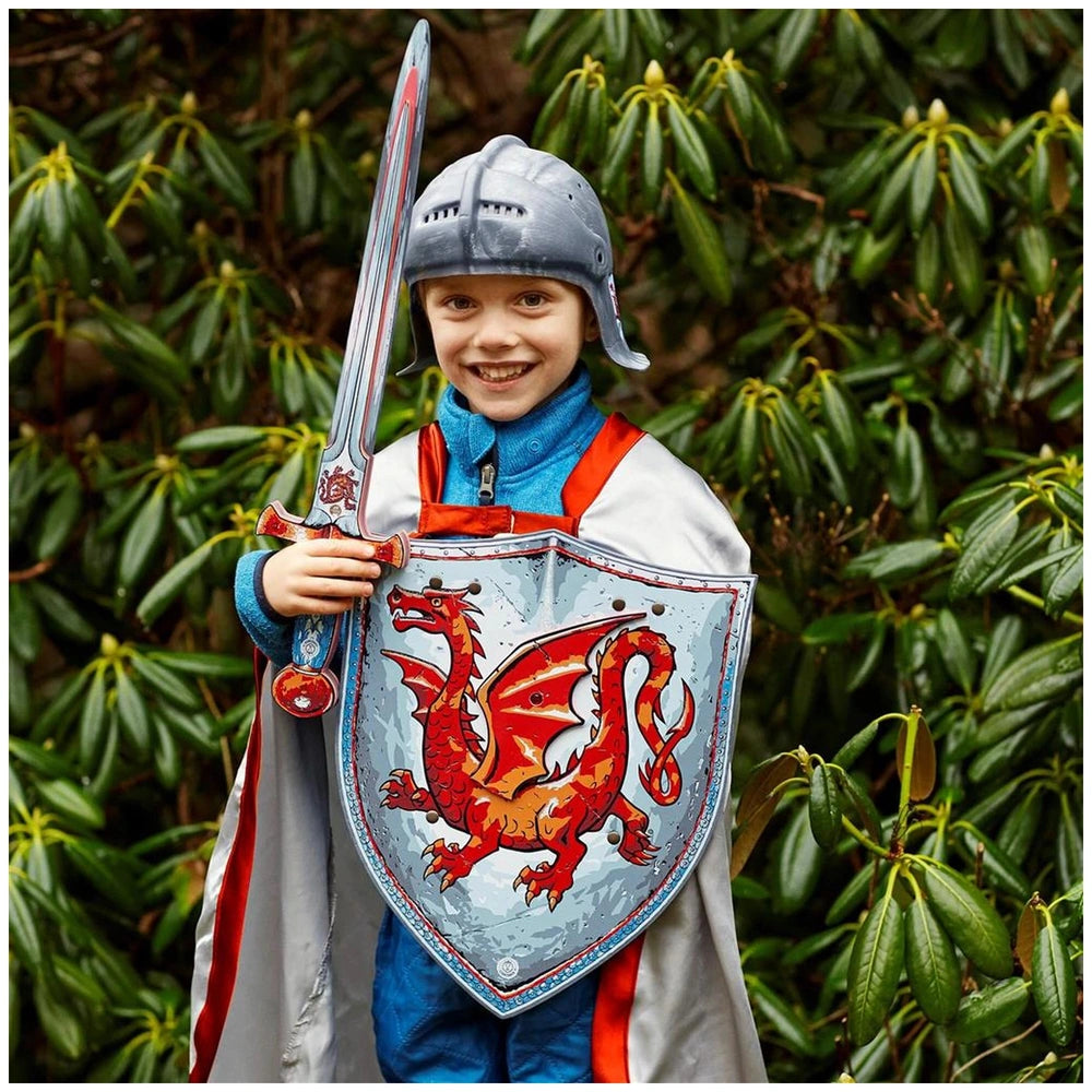 Young child in a shiny silver helmet holds an Amber Dragon shield and sword, wearing a blue jacket and pants in a playful sce