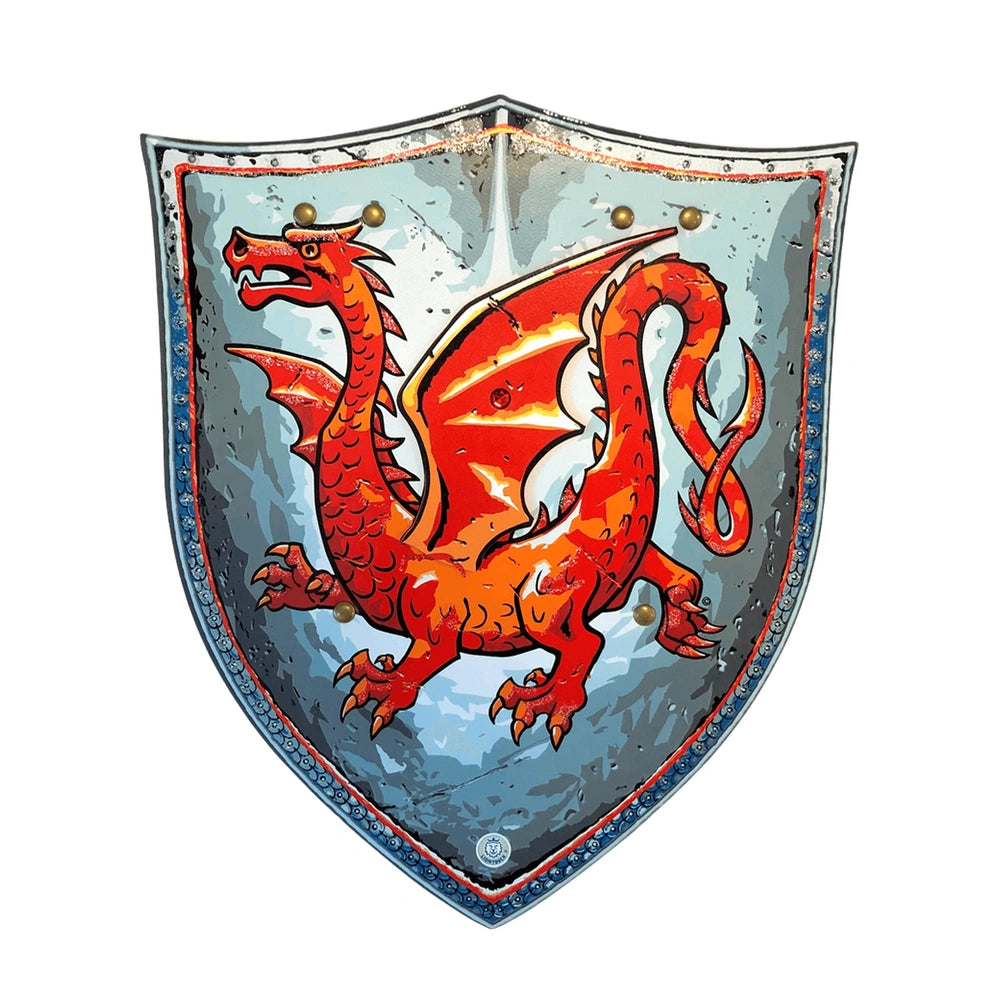 Amber Dragon Shield featuring a red dragon design with a blue border, ideal for pretend professions and role-playing.