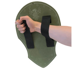 Dark green Liontouch Dragon Shield with a central hole and two black straps for pretend professions and role playing.