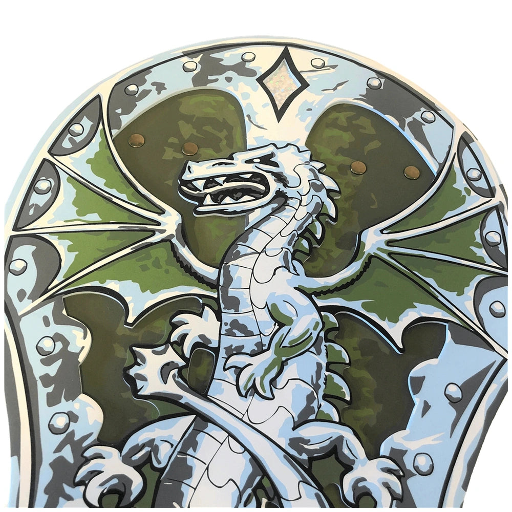 Dragon Shield by Liontouch features a metallic green emblem with a dragon design and patterned border on a light background.