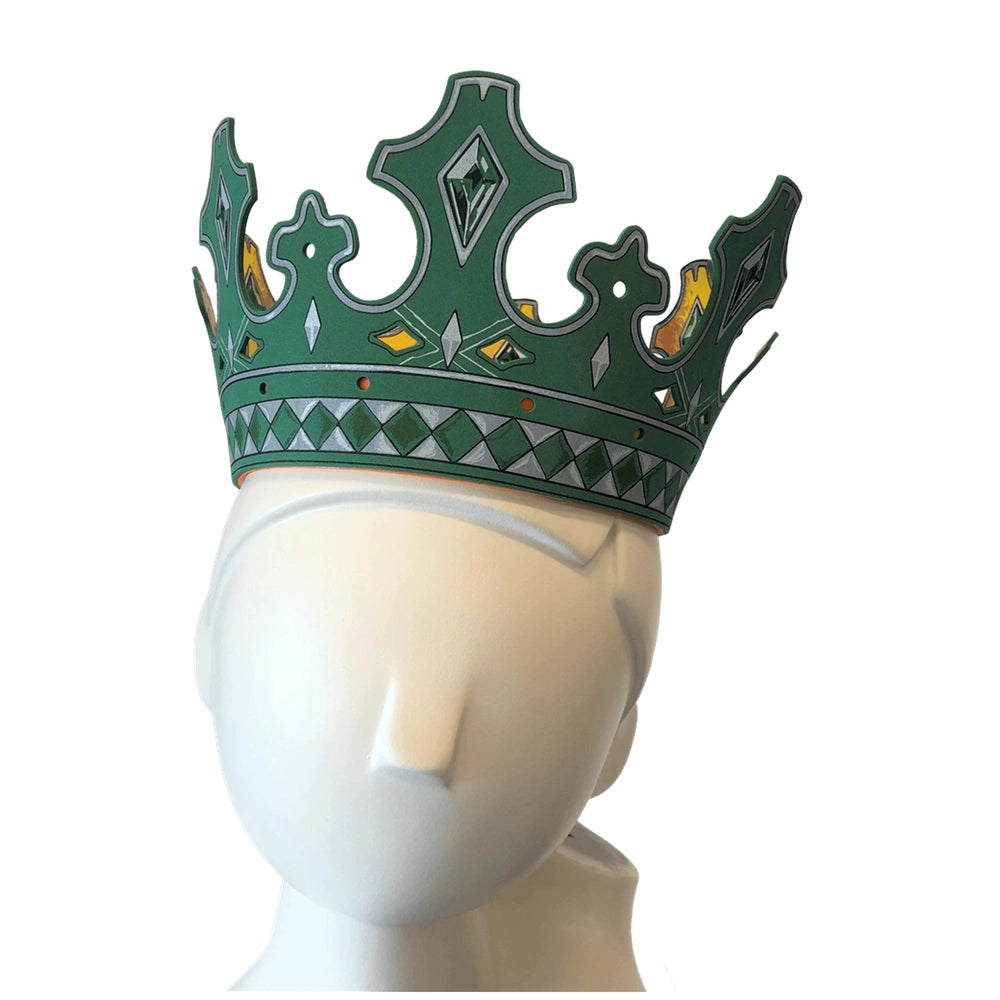 Kingmaker Crown in green with geometric patterns displayed on a matte off-white mannequin head.
