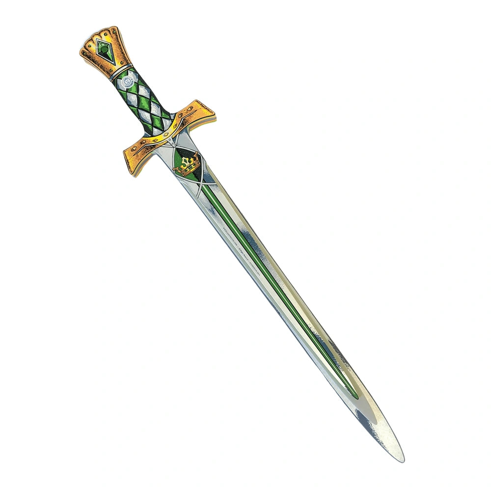 Liontouch Kingmaker Sword with a green and gold blade and silver hilt, designed for pretend professions and role playing.