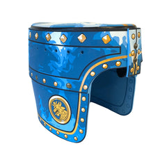 Liontouch blue knight helmet features glossy and matte surfaces with shiny gold and black sections, including a circular embl