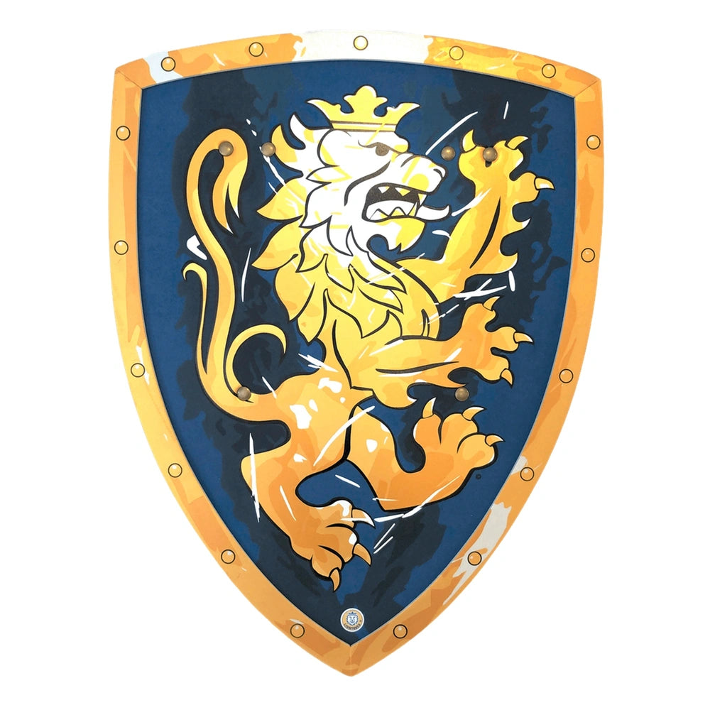 Liontouch blue knight shield features a gold roaring lion design, gold border, and rivets, perfect for role playing.