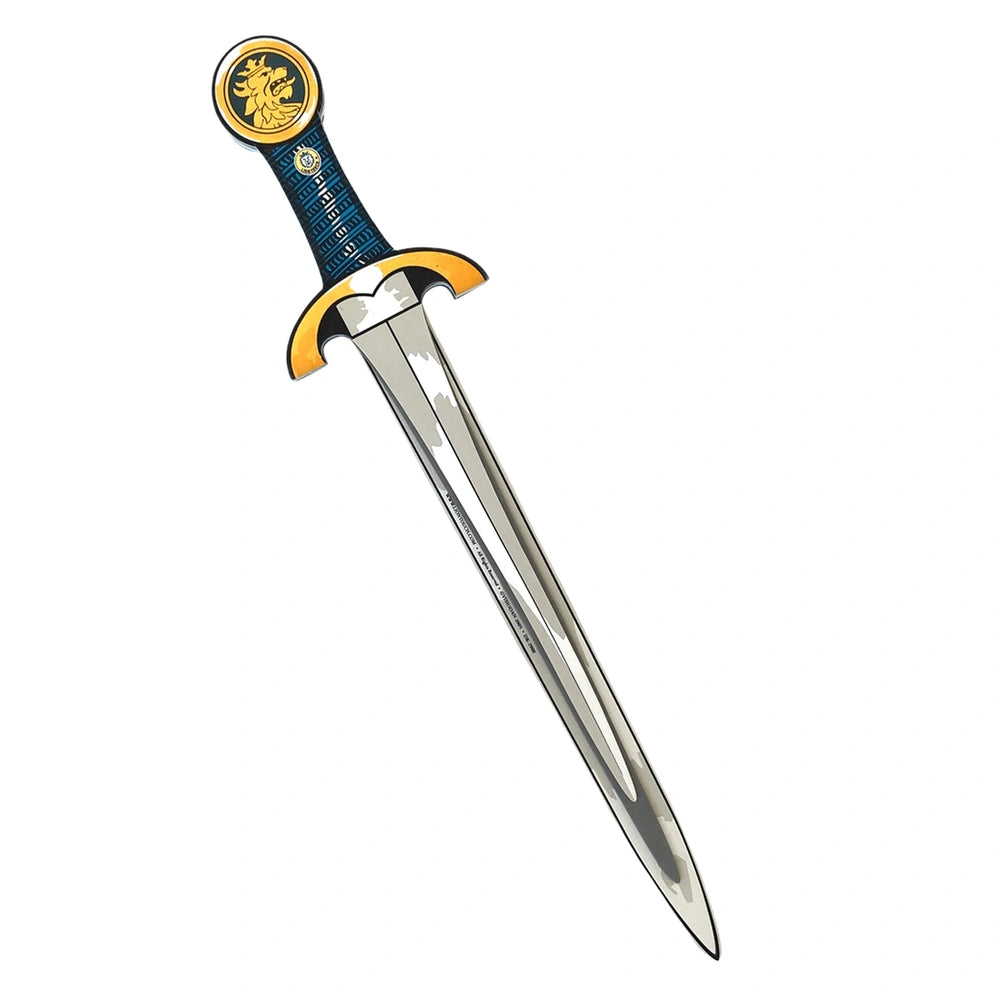 Liontouch Knight Sword in blue and yellow, featuring a shiny silver blade and metallic handle.