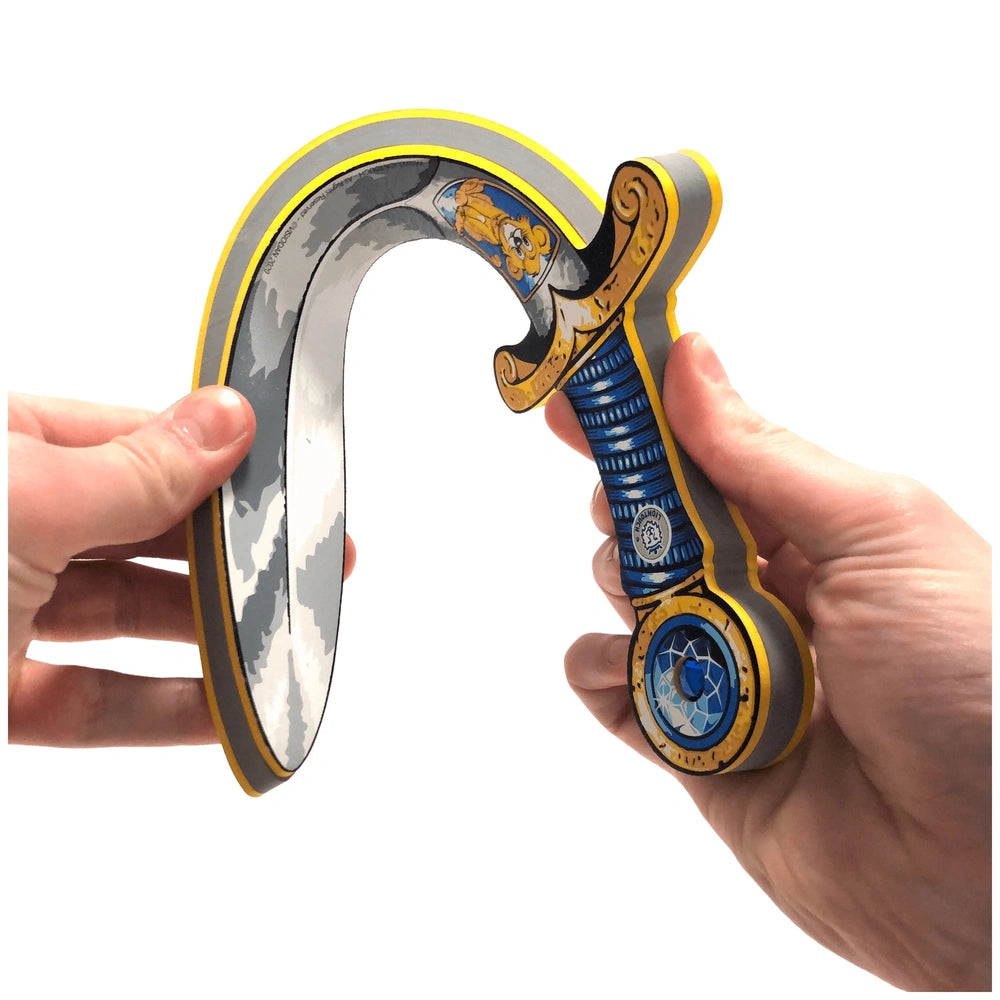 Mini Lion Sword in blue with a glossy grip, metallic blade featuring a yellow and blue design, ideal for role play.