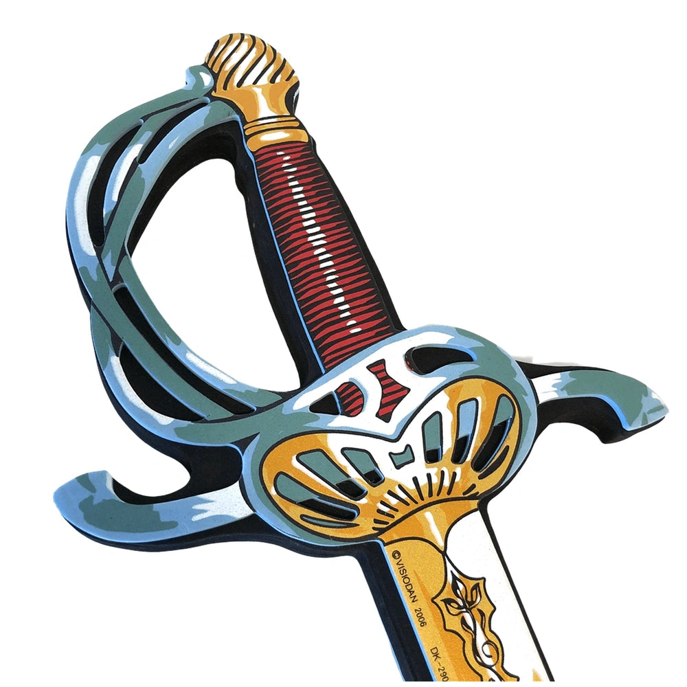 Liontouch Musketeer Sword features a shiny gold handle and hilt, with a reflective silver blade and intricate components.