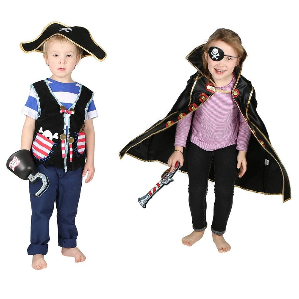 Liontouch Pirate Eye Patch worn by two children in striped pirate costumes, complete with swords and hats.