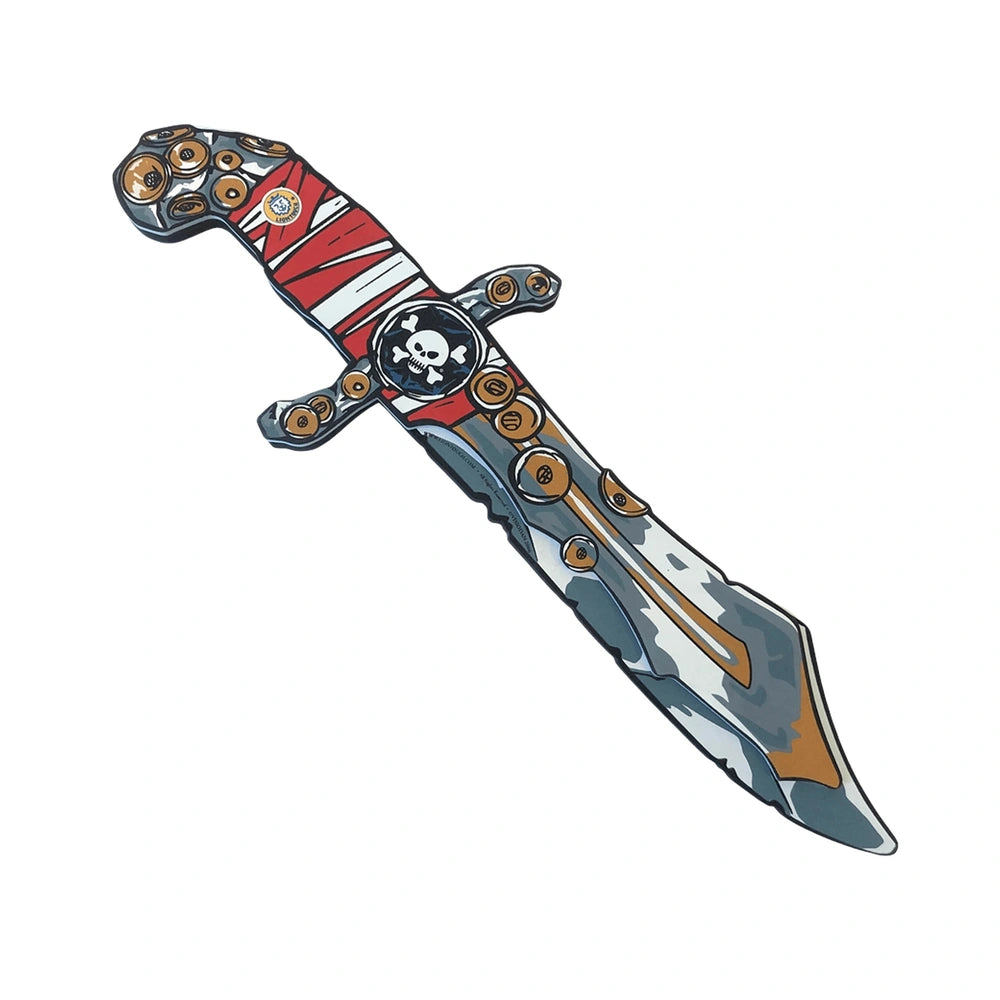 Liontouch Pirate Knife features a red and white striped blade with a black skull and crossbones hilt, designed for role playi