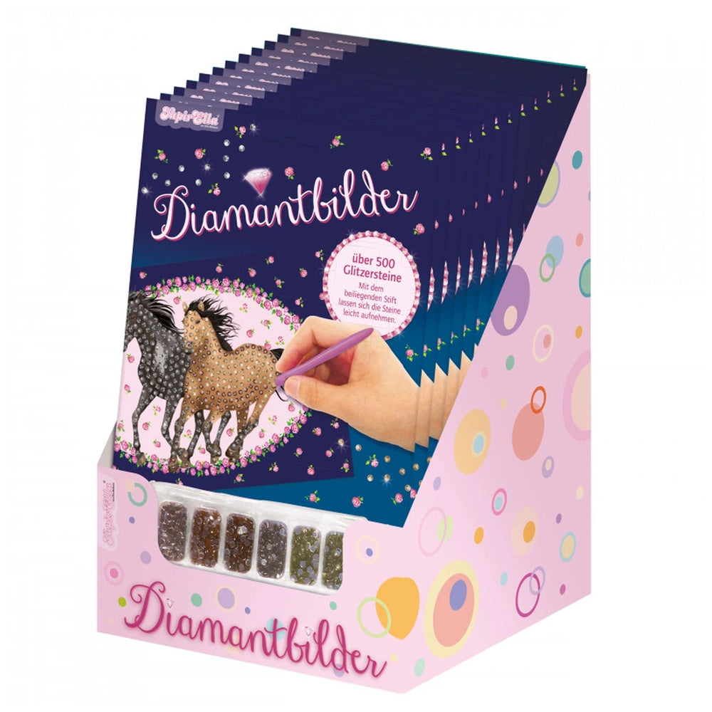 Lutz Mauder TapirElla Diamantbilder arts & crafts kit packaging features a glossy blue background with brown and black horse 