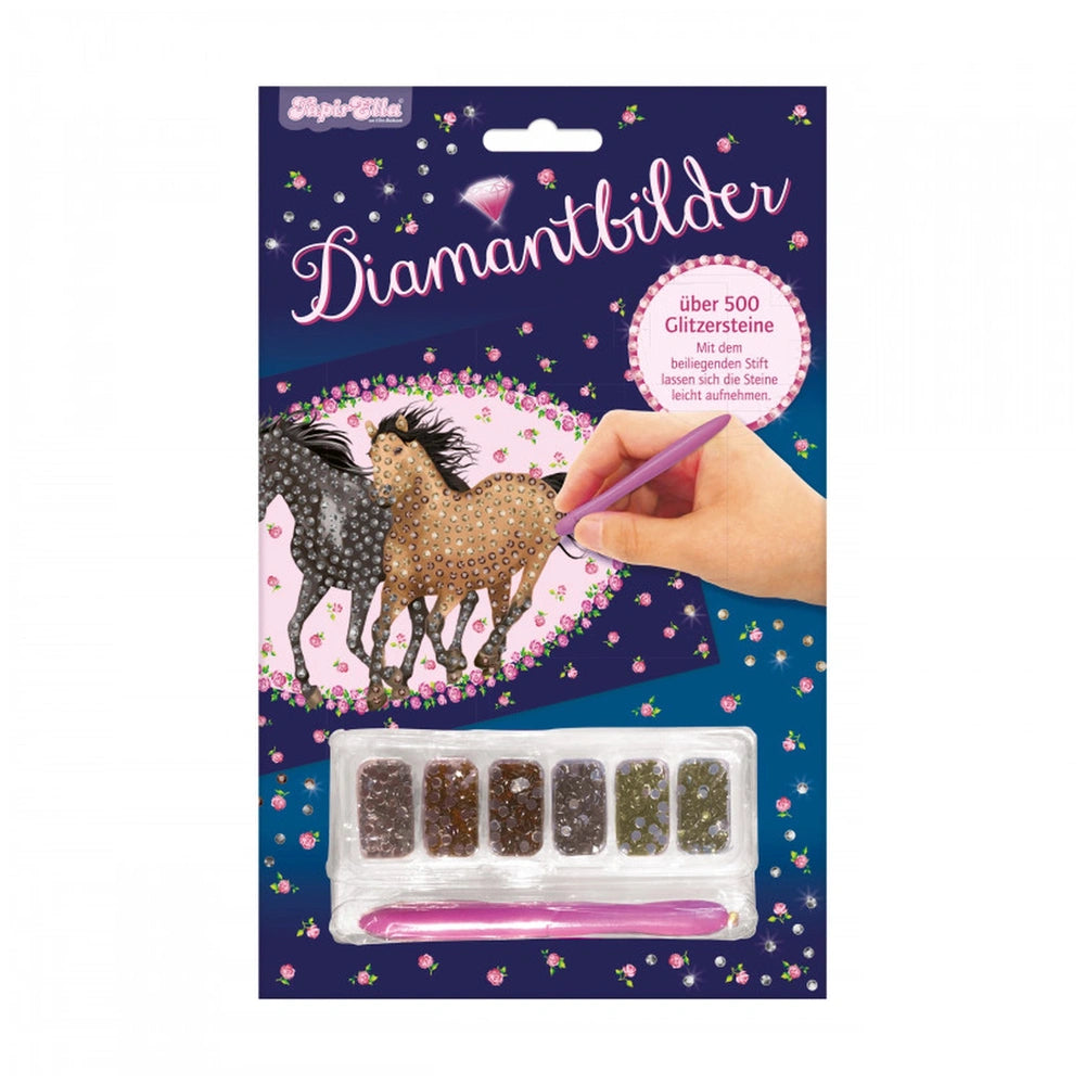 Lutz Mauder TapirElla Diamantbilder packaging features a blue floral design, glossy text, and a horse illustration with a pin