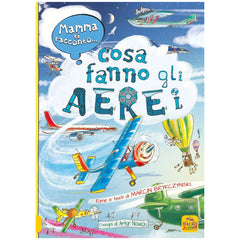 MACRO JUNIOR book cover featuring "COSA FANNO GLI AERE I" by MARCIN BRYKCZNSKI with colorful illustrations and yellow border.