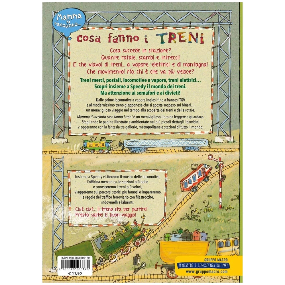MACRO JUNIOR book cover features colorful text on matte paper, depicting a train with various signs including "Treni" and "Co