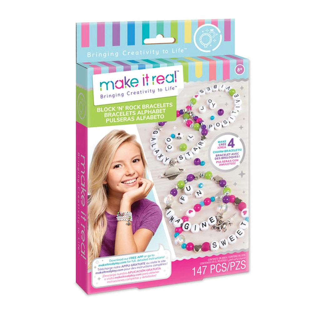 MAKE IT REAL Block ‘N’ Rock Bracelets kit with colorful alphabet and star beads, glossy packaging, and creative instructions.