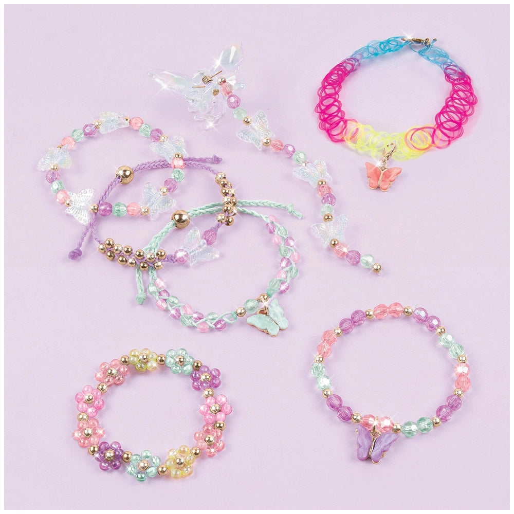 Butterfly Jewelry Set features colorful bracelets with metal and translucent beads in pink, blue, green, and yellow.
