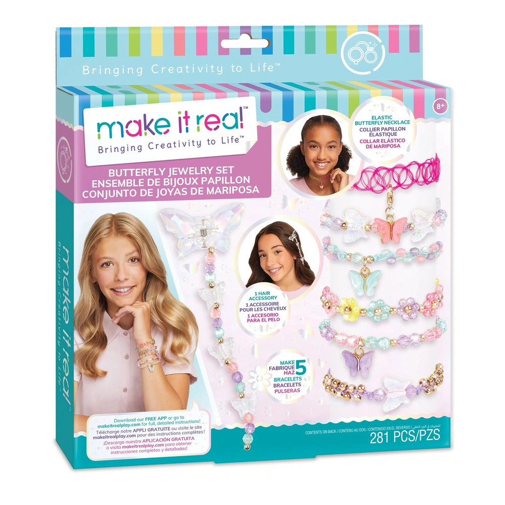 Butterfly jewelry set packaging features a colorful design with a blue background and clear window, showcasing vibrant text.