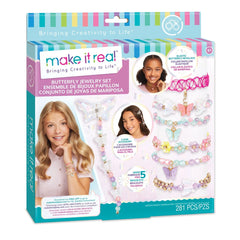 Butterfly jewelry set packaging features a colorful design with a blue background and clear window, showcasing vibrant text.
