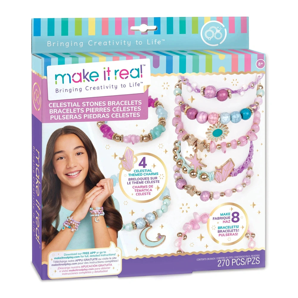MAKE IT REAL Celestial Stones Bracelets retail packaging features colorful striped background, glossy finish, and a clear win