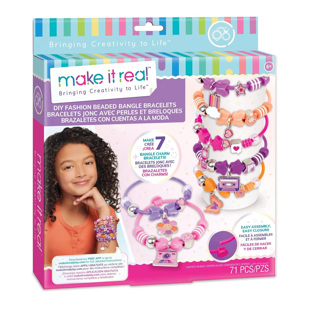 DIY Fashion Beaded Bangle Bracelets with colorful designs, displayed on glossy packaging featuring a young girl wearing one.