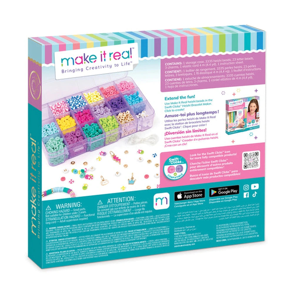MAKE IT REAL Heishi Craze Swift Clicks bead set packaging features colorful beads in a clear tray, with pink and blue gradien