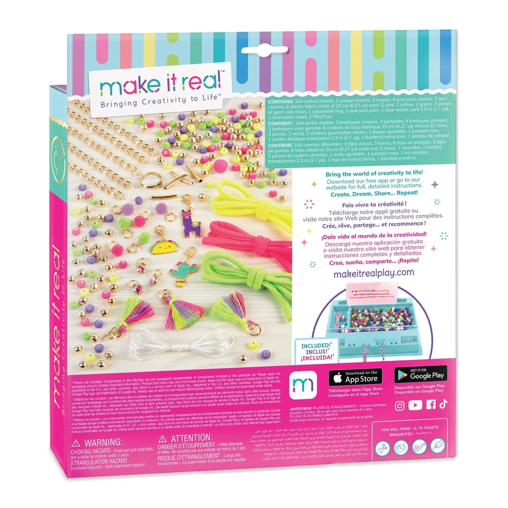 MAKE IT REAL Neo-Brite Chains and Charms arts and crafts kit featuring colorful beads, figurines, and accessories in glossy p