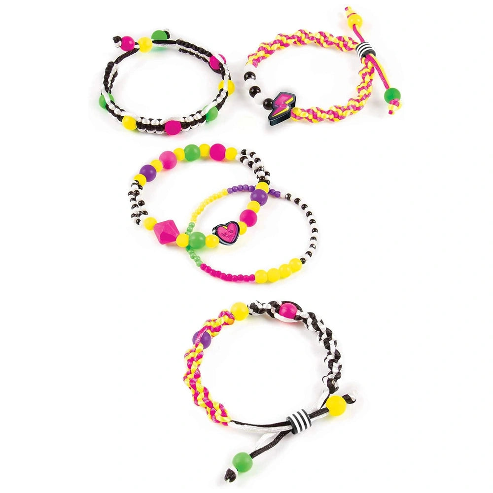 Neon Retro Bracelets featuring colorful rubber and metallic-looking materials with round translucent beads in pink, yellow, g