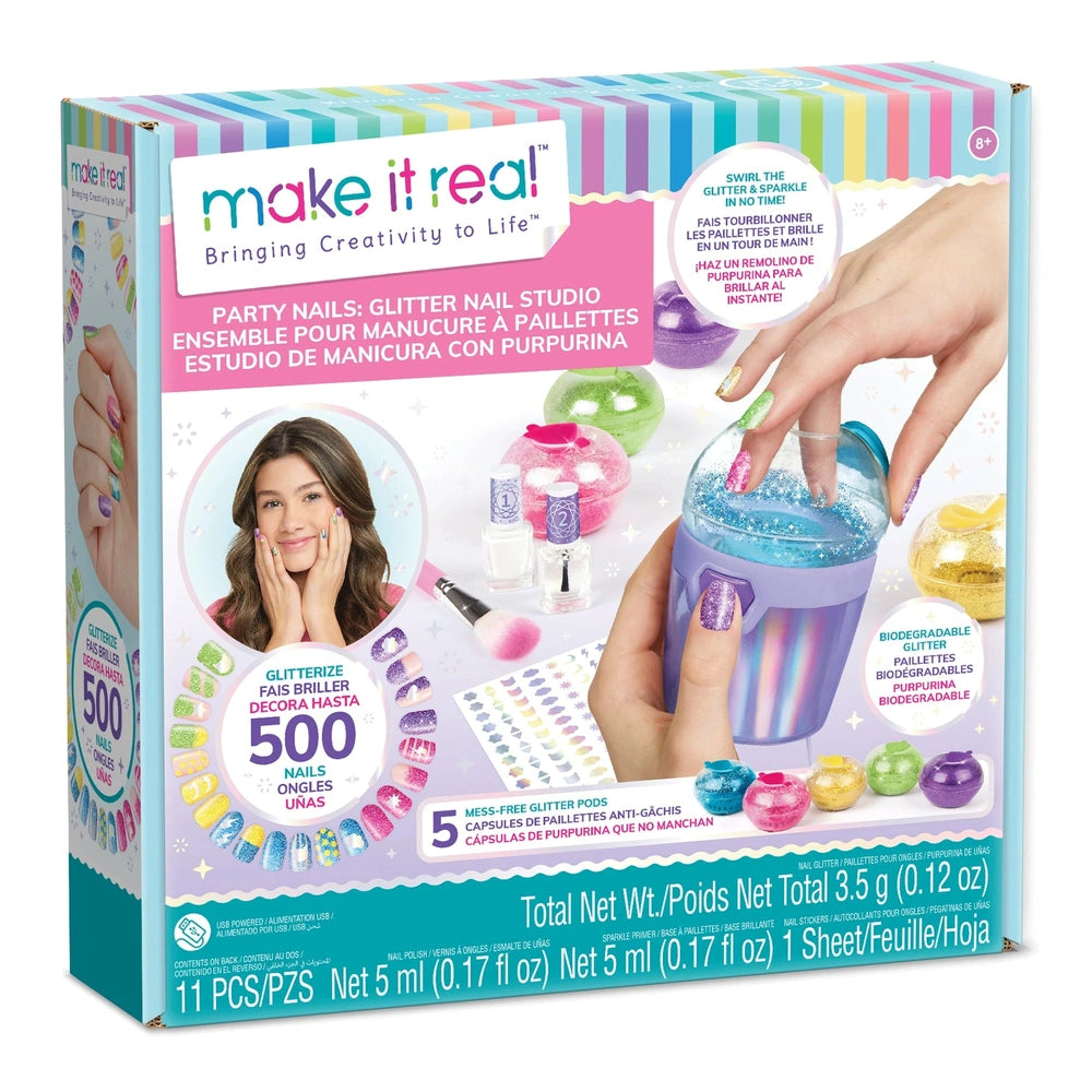 MAKE IT REAL Party Nails Glitter Nail Studio packaging features a colorful gradient with visible nail polish and glitter tool