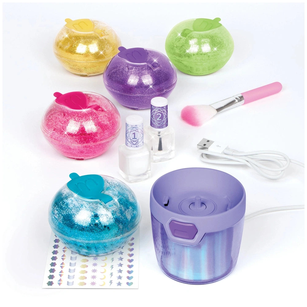 MAKE IT REAL Party Nails Glitter Nail Studio features five colorful plastic containers of glitter and a pink-handled brush.