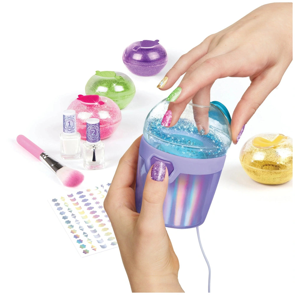 Party Nails Glitter Nail Studio features a hand holding a purple object with blue interior, surrounded by colorful nail polis